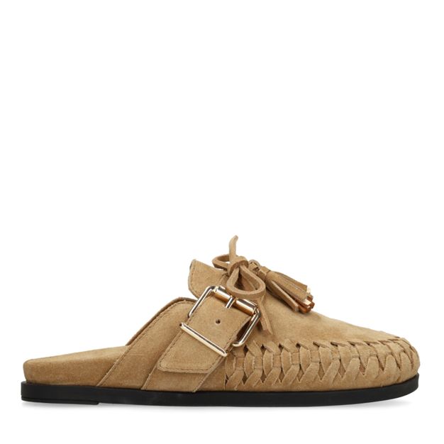 Beige suède clogs met franjes