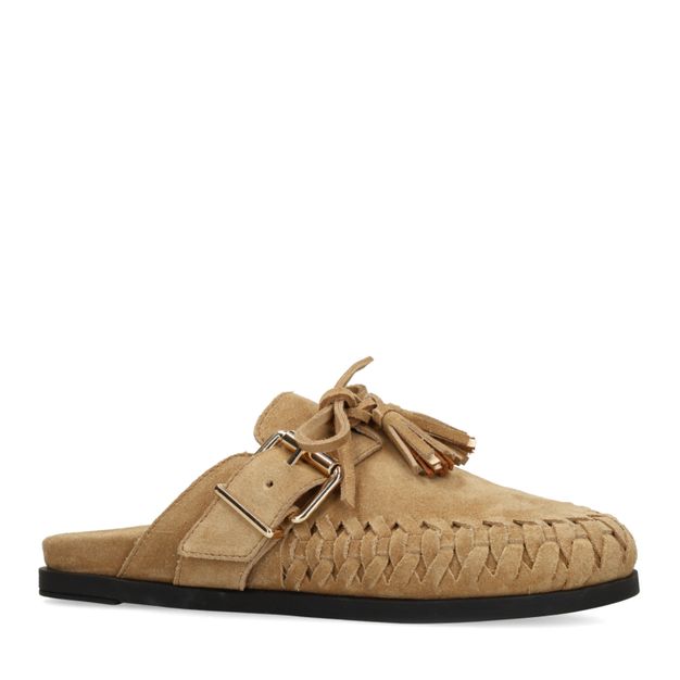 Beige suède clogs met franjes