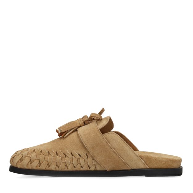 Beige suède clogs met franjes