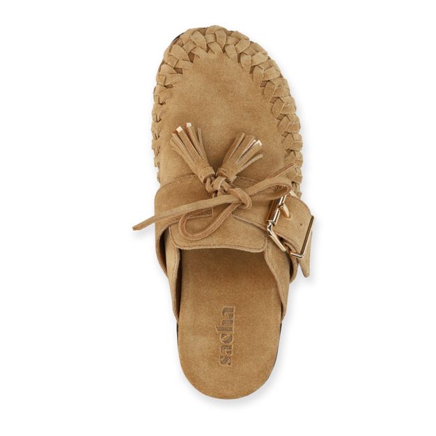 Beige suède clogs met franjes
