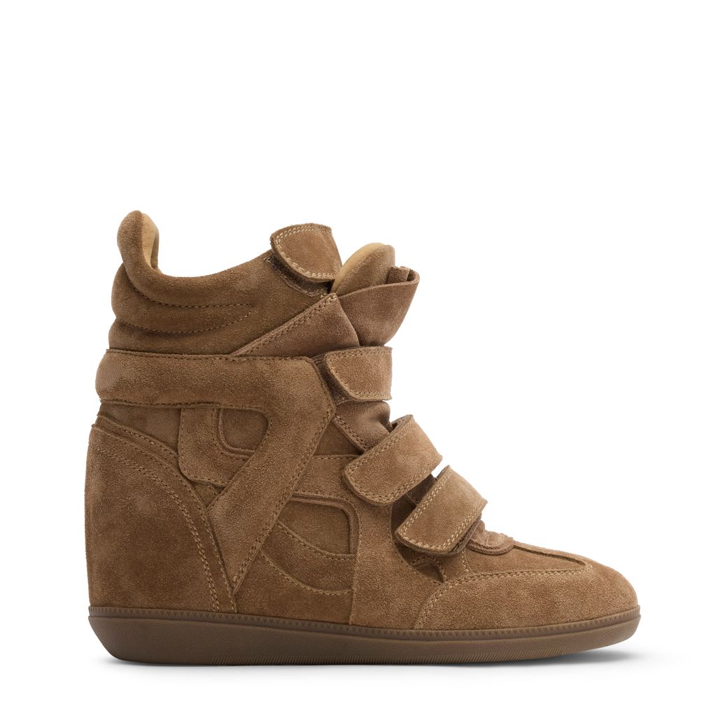 Beige suède sneakers met sleehak