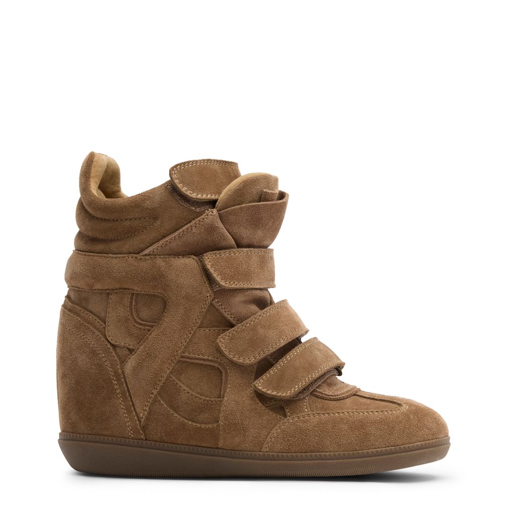 Beige suède sneakers met sleehak