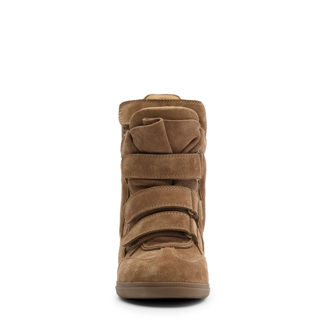 Beigefarbene Veloursleder-Sneaker mit Keilabsatz