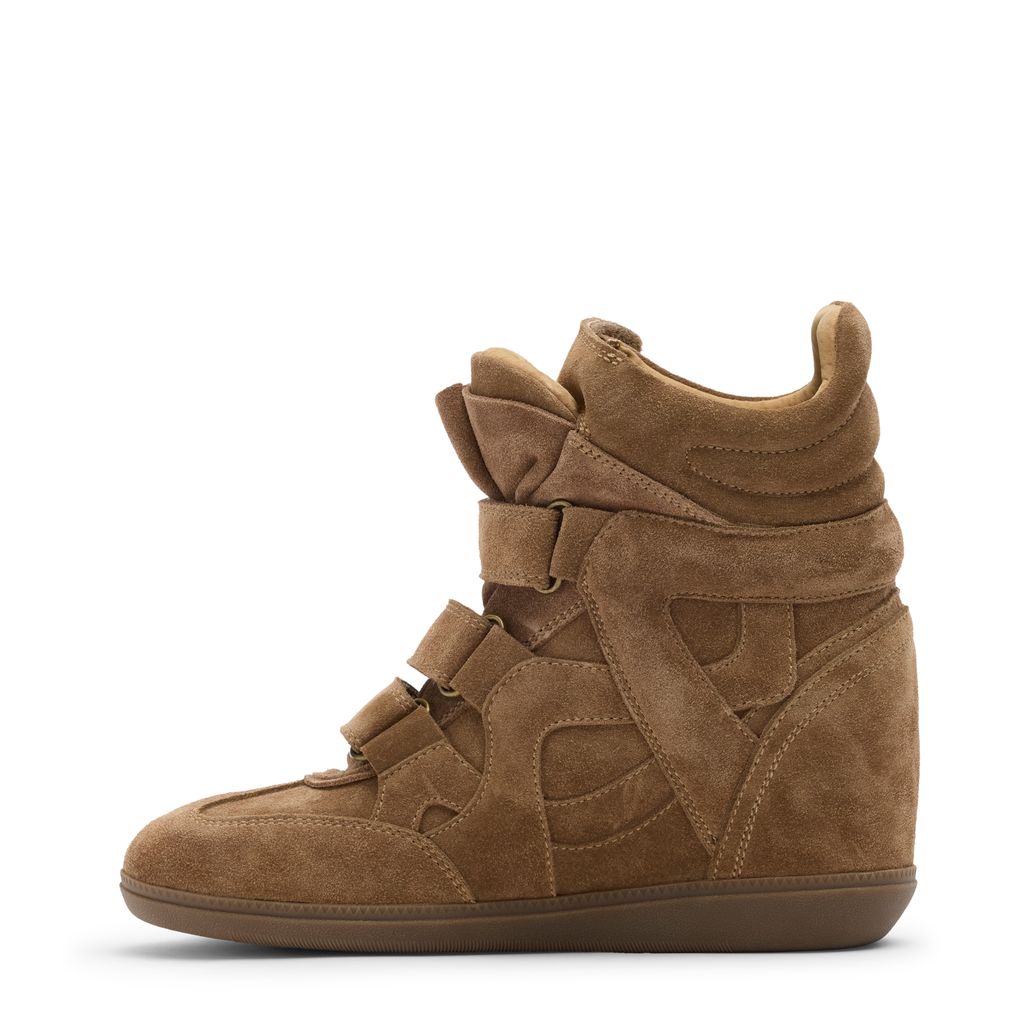 Beige suède sneakers met sleehak