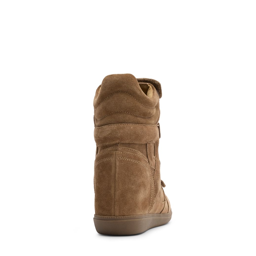 Beige suède sneakers met sleehak