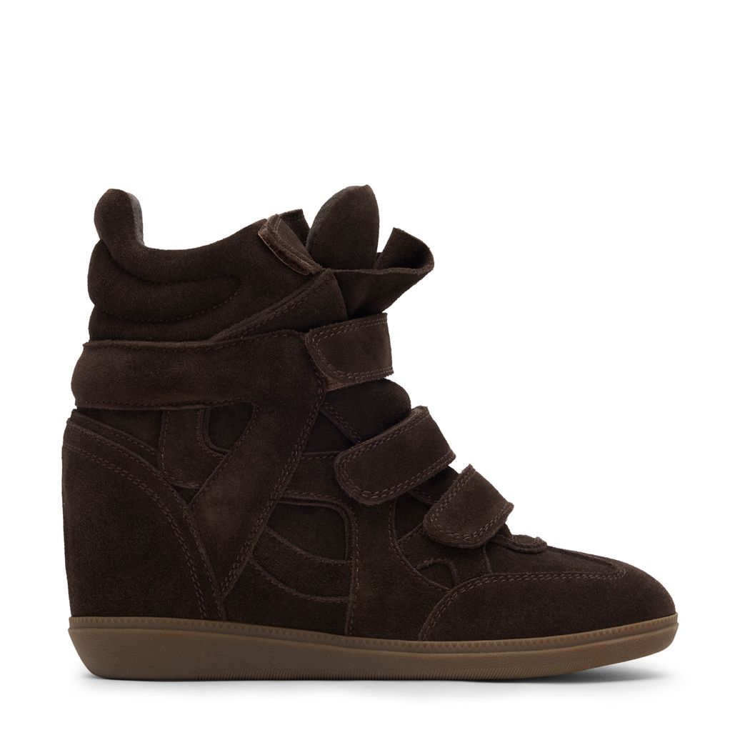 Dunkelbraune Veloursleder-Sneaker mit Keilabsatz