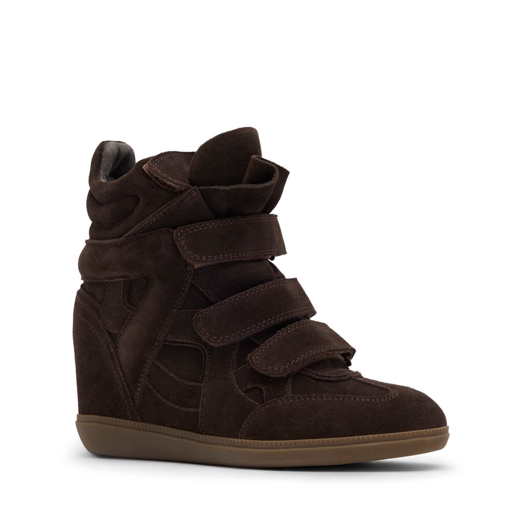 Dunkelbraune Veloursleder-Sneaker mit Keilabsatz