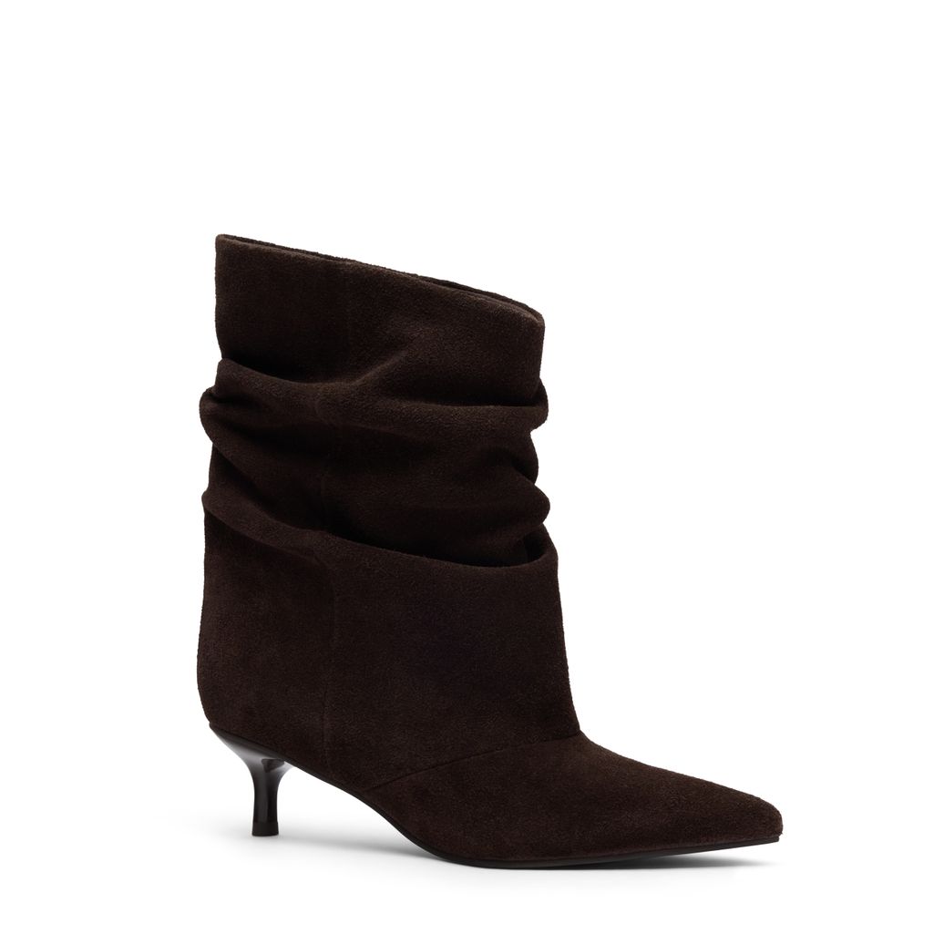 Dunkelbraune Slouchy Boots aus Veloursleder mit Absatz