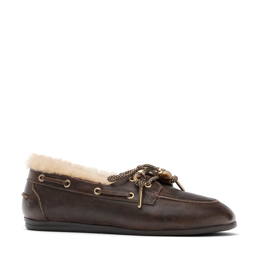 Chaussures bateau en cuir avec laine - marron foncé