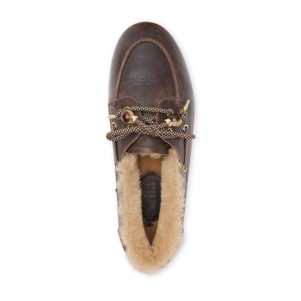 Chaussures bateau en cuir avec laine - marron foncé