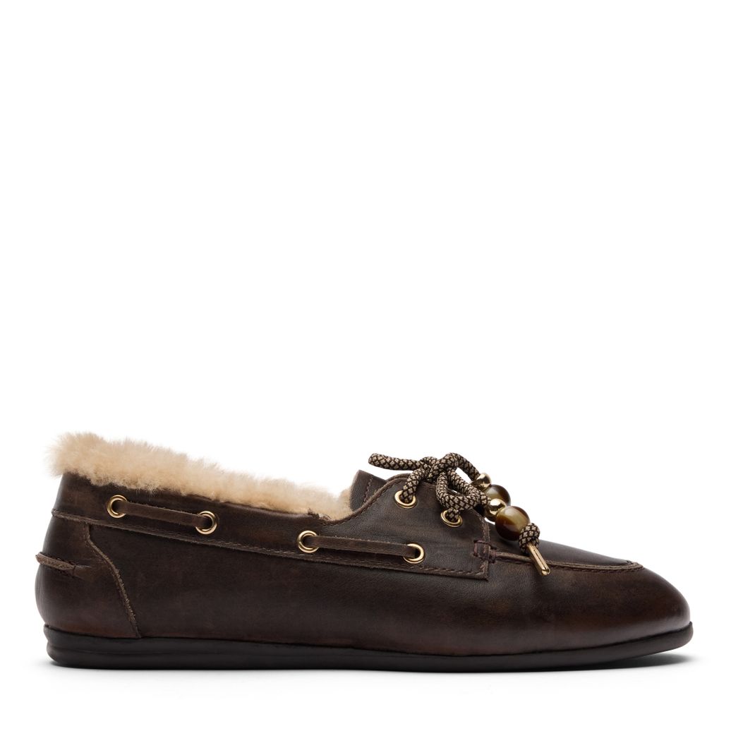 Dunkelgraue Bootsschuhe aus Leder mit Wollfutter