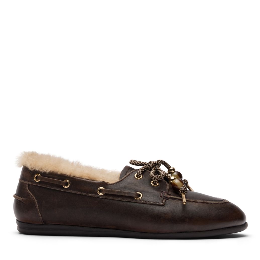 Donkergrijze leren bootschoenen met wol