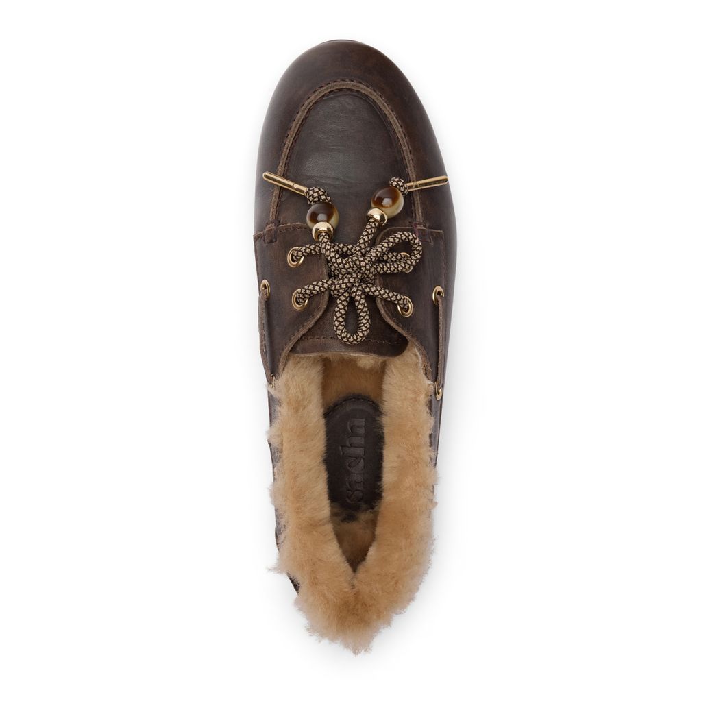 Donkergrijze leren bootschoenen met wol