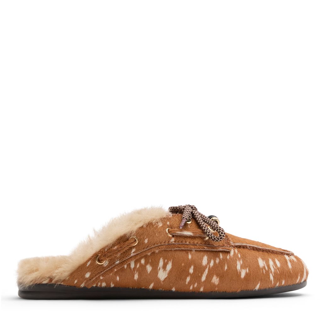 Cognacfarbene Mules mit Bambi-Print und Wollfutter