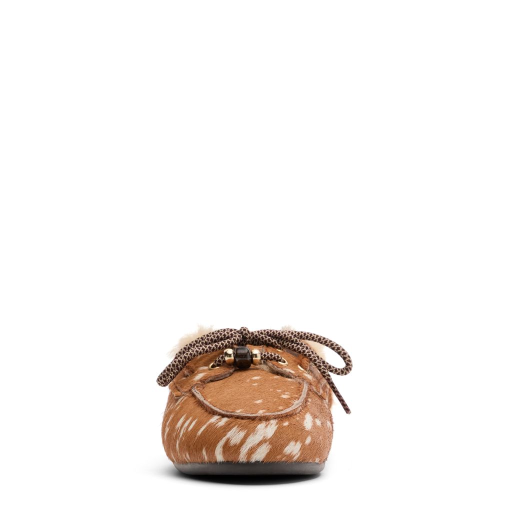 Cognacfarbene Mules mit Bambi-Print und Wollfutter