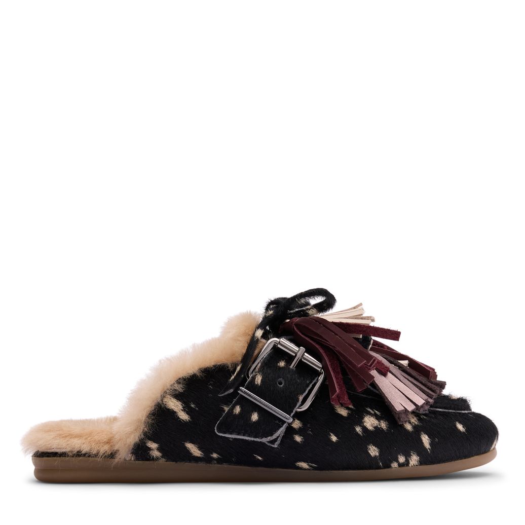 Zwarte bambi print muiltjes met wol