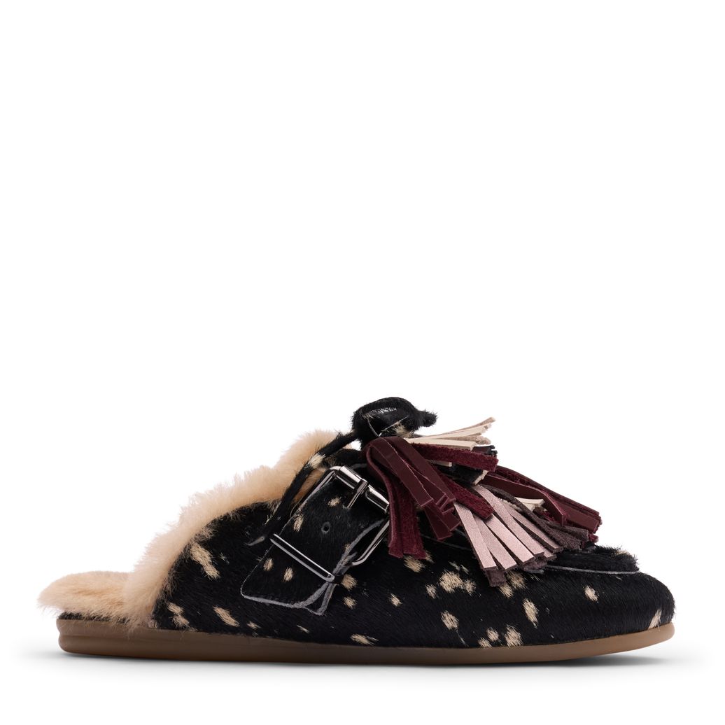 Zwarte bambi print muiltjes met wol