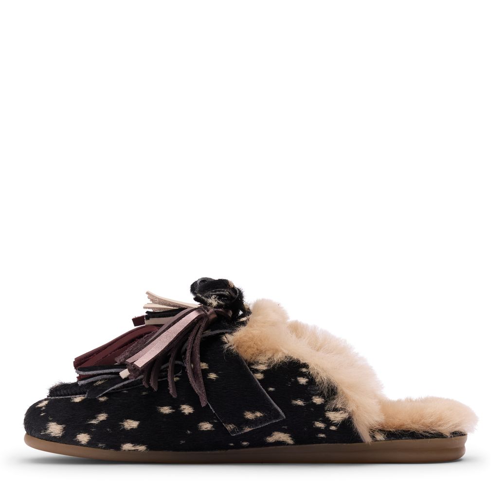 Zwarte bambi print muiltjes met wol