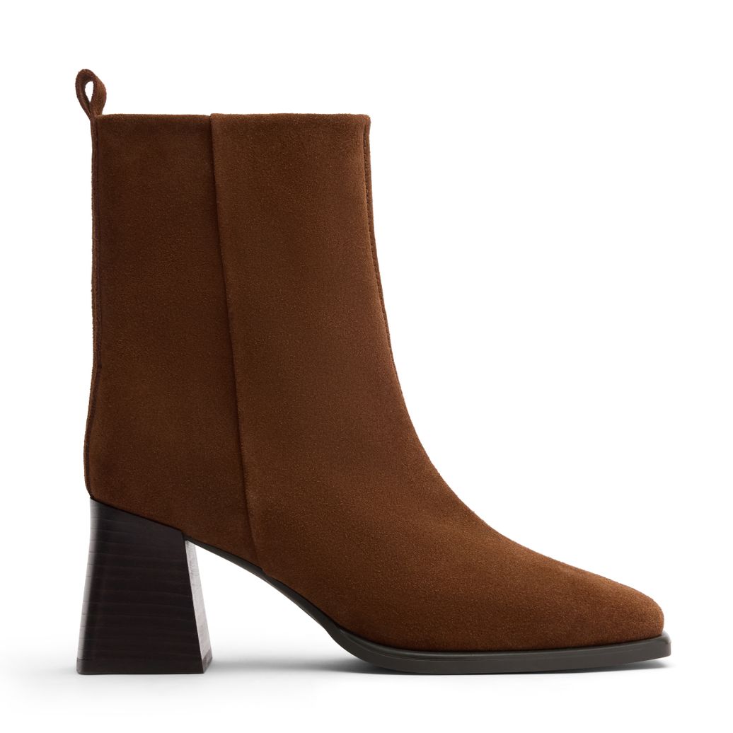 Cognacfarbene Veloursleder-Stiefeletten mit Blockabsatz