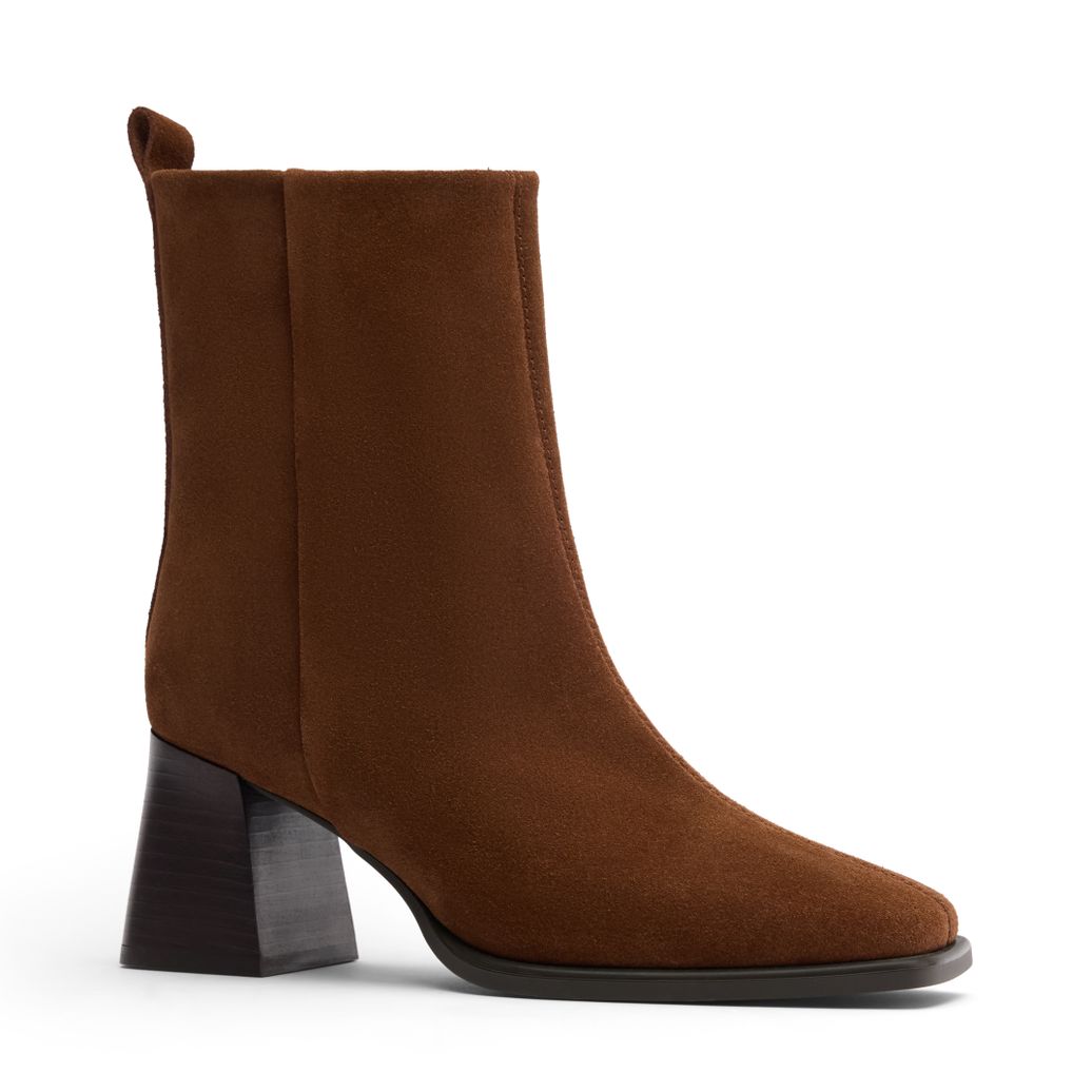 Cognacfarbene Veloursleder-Stiefeletten mit Blockabsatz