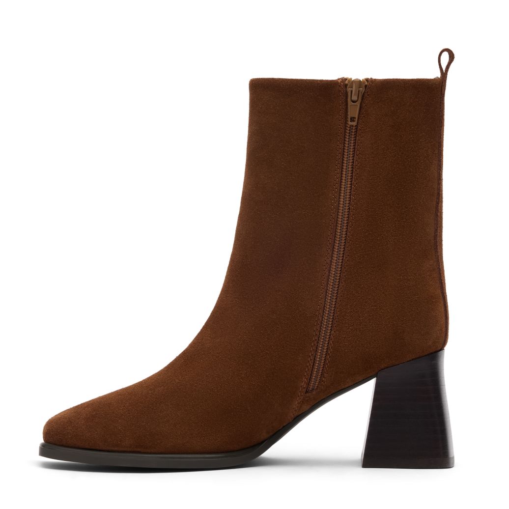 Cognacfarbene Veloursleder-Stiefeletten mit Blockabsatz