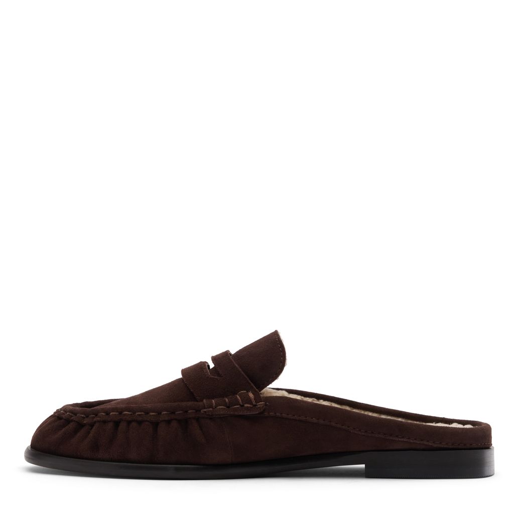 Dunkelbraune Veloursleder-Slipper mit Wollfutter