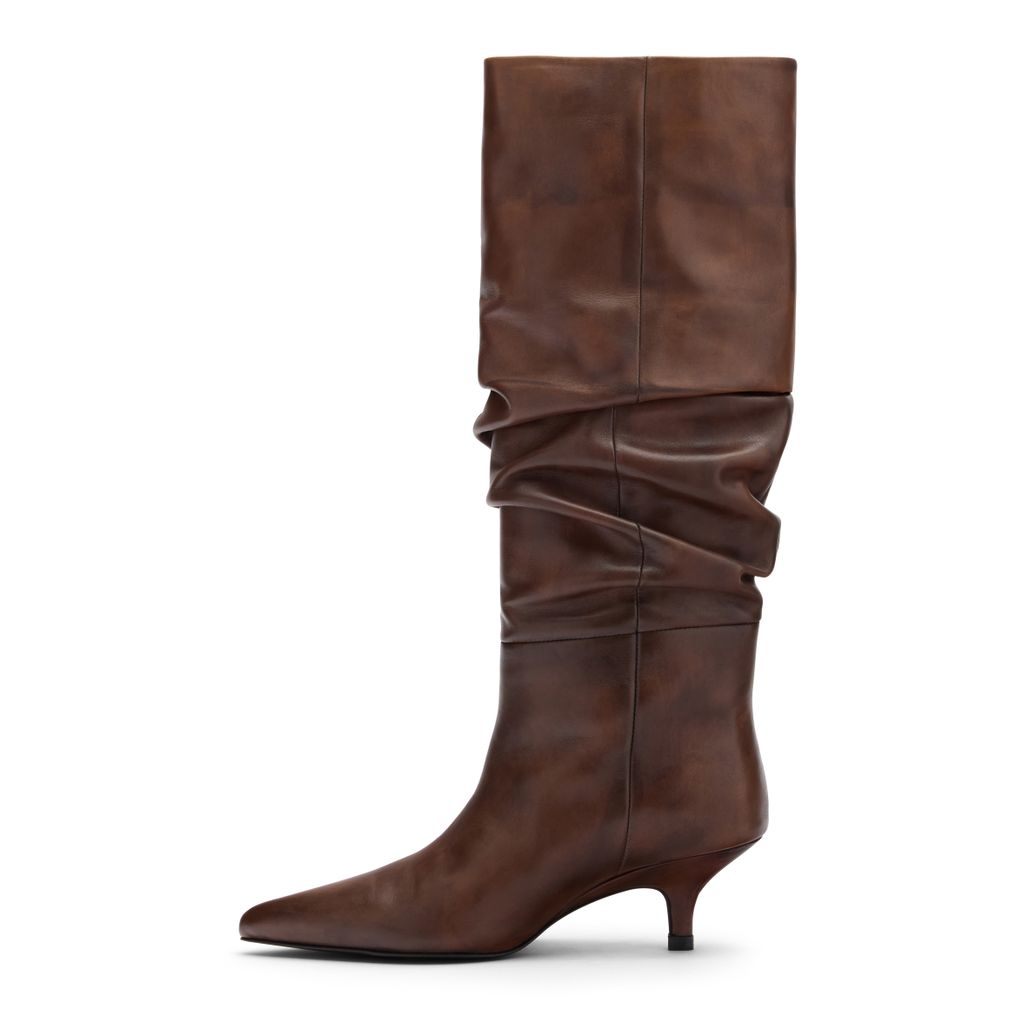 Brownwashed leren hoge laarzen met hak