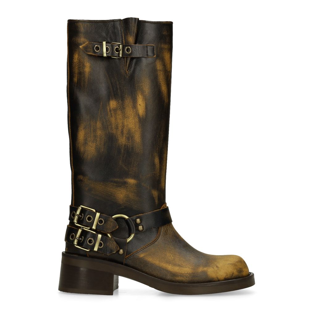Bottes motardes délavées avec boucles - marron