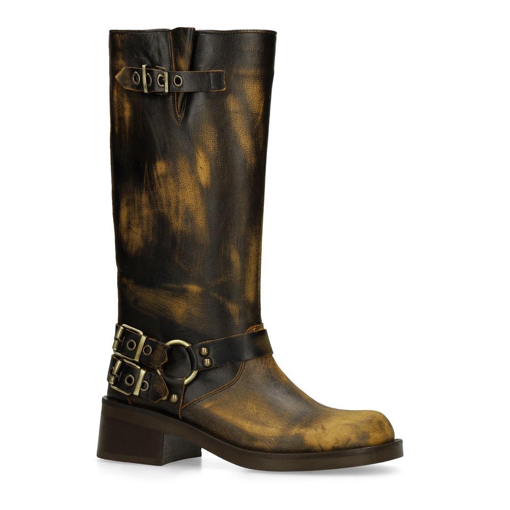Bottes motardes délavées avec boucles - marron