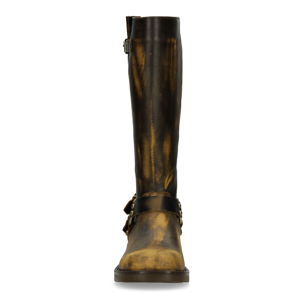 Brownwashed buckle biker boots