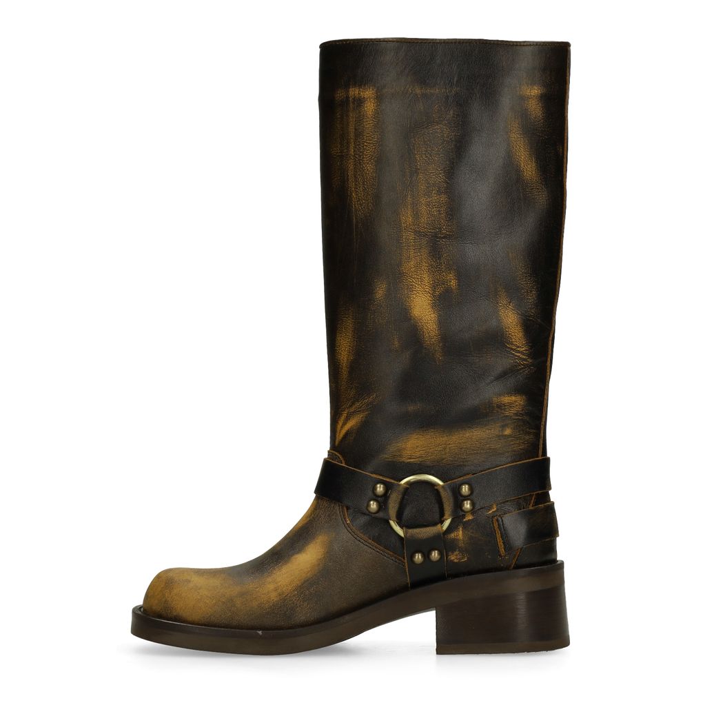 Brownwashed buckle biker boots
