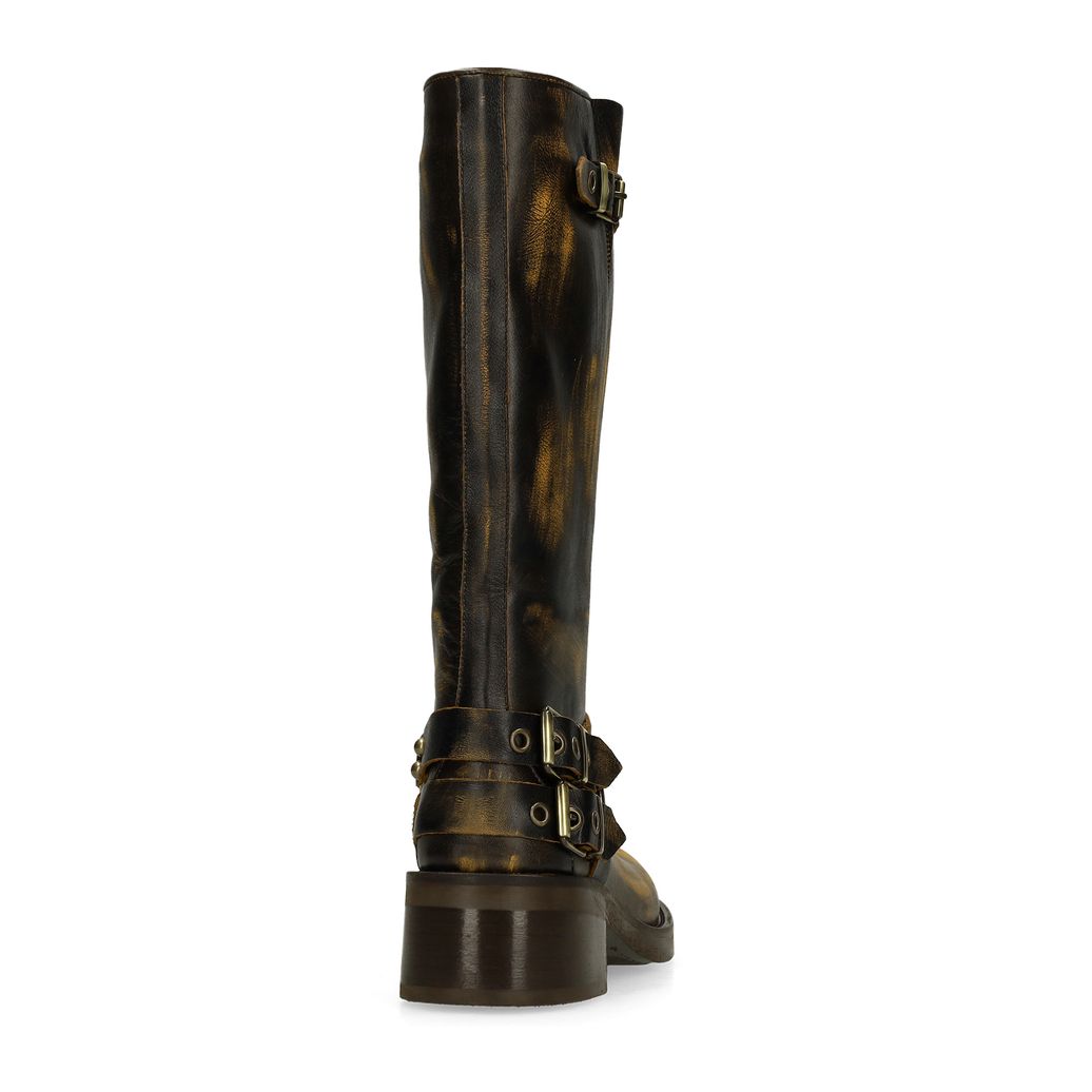 Brownwashed buckle biker boots