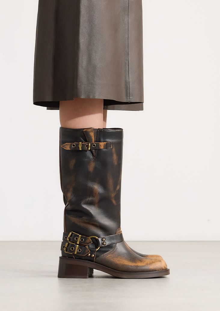 Bottes motardes délavées avec boucles - marron