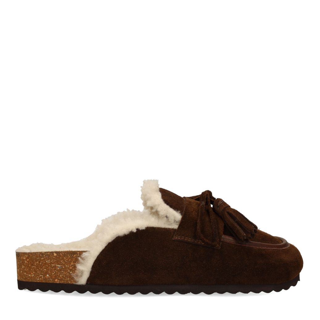 Donkerbruine suède clogs met wol