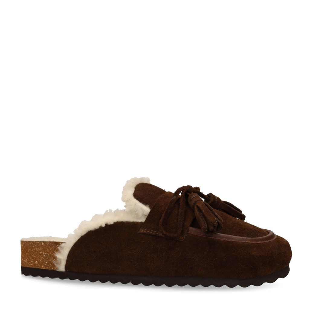Donkerbruine suède clogs met wol