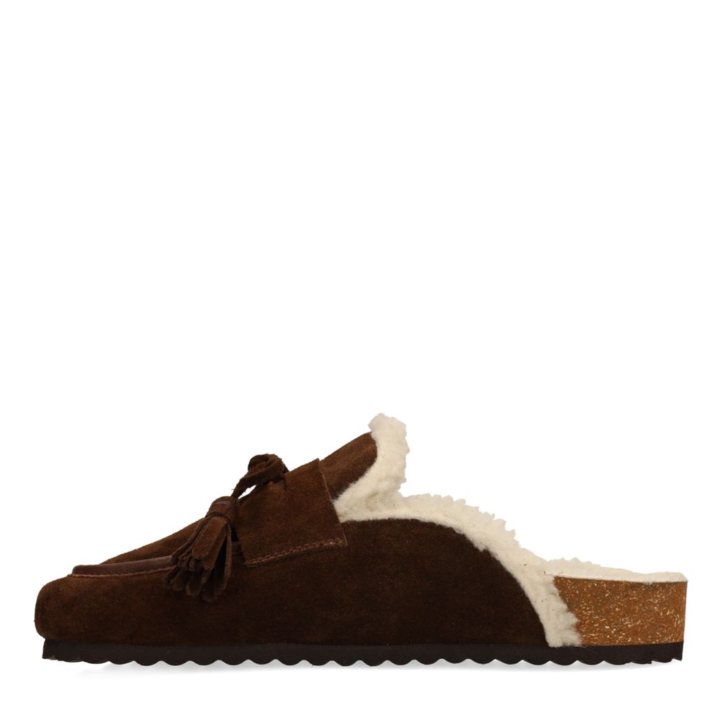 Donkerbruine suède clogs met wol