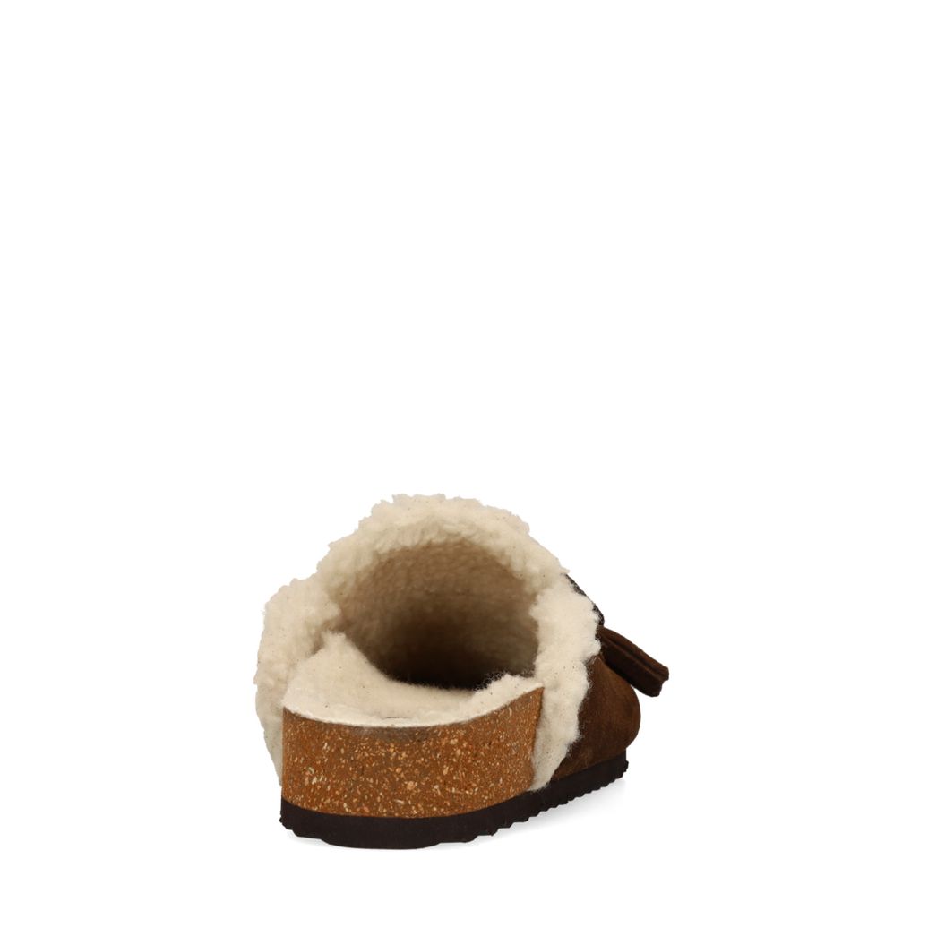 Donkerbruine suède clogs met wol