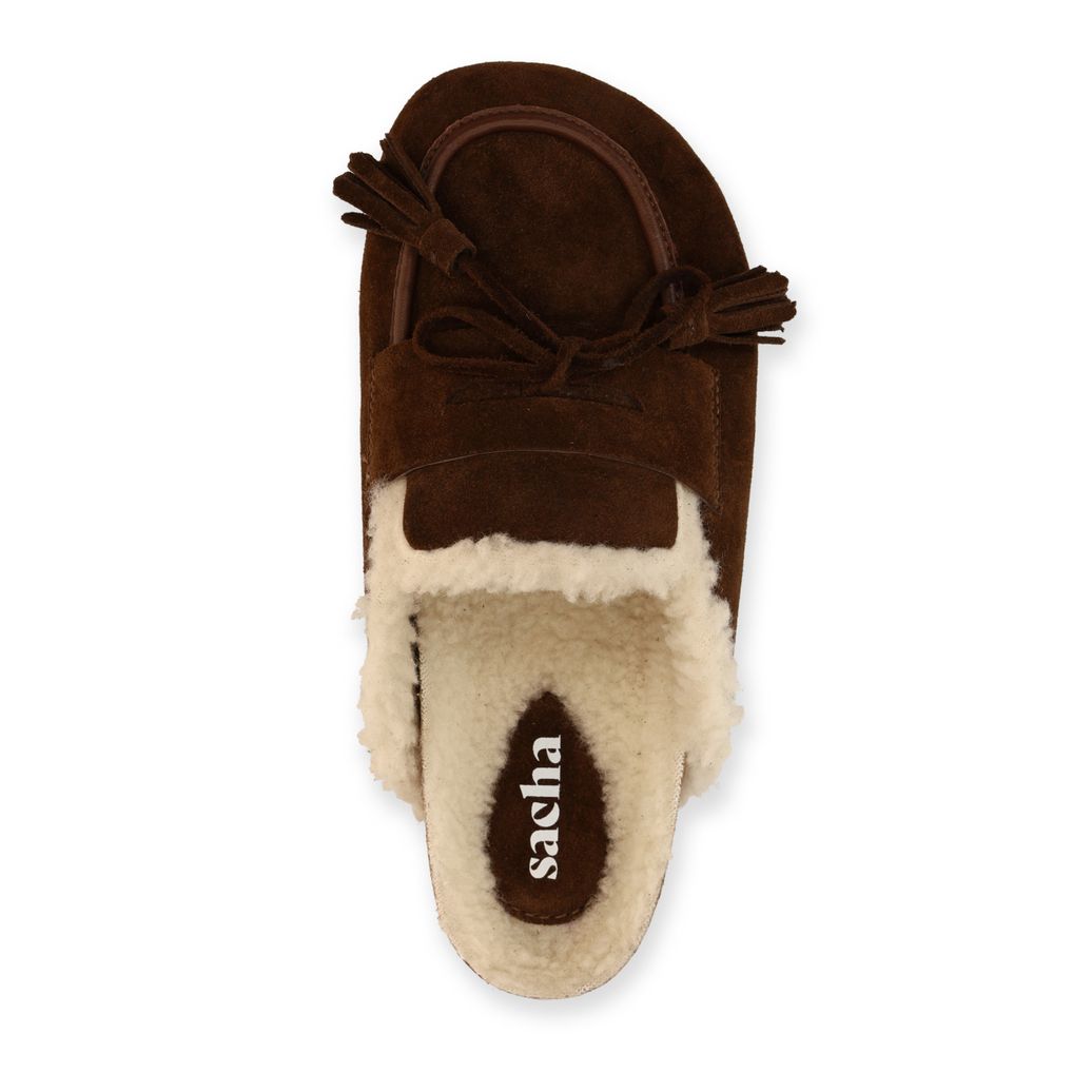 Dunkelbraune Veloursleder-Clogs mit Wollfutter