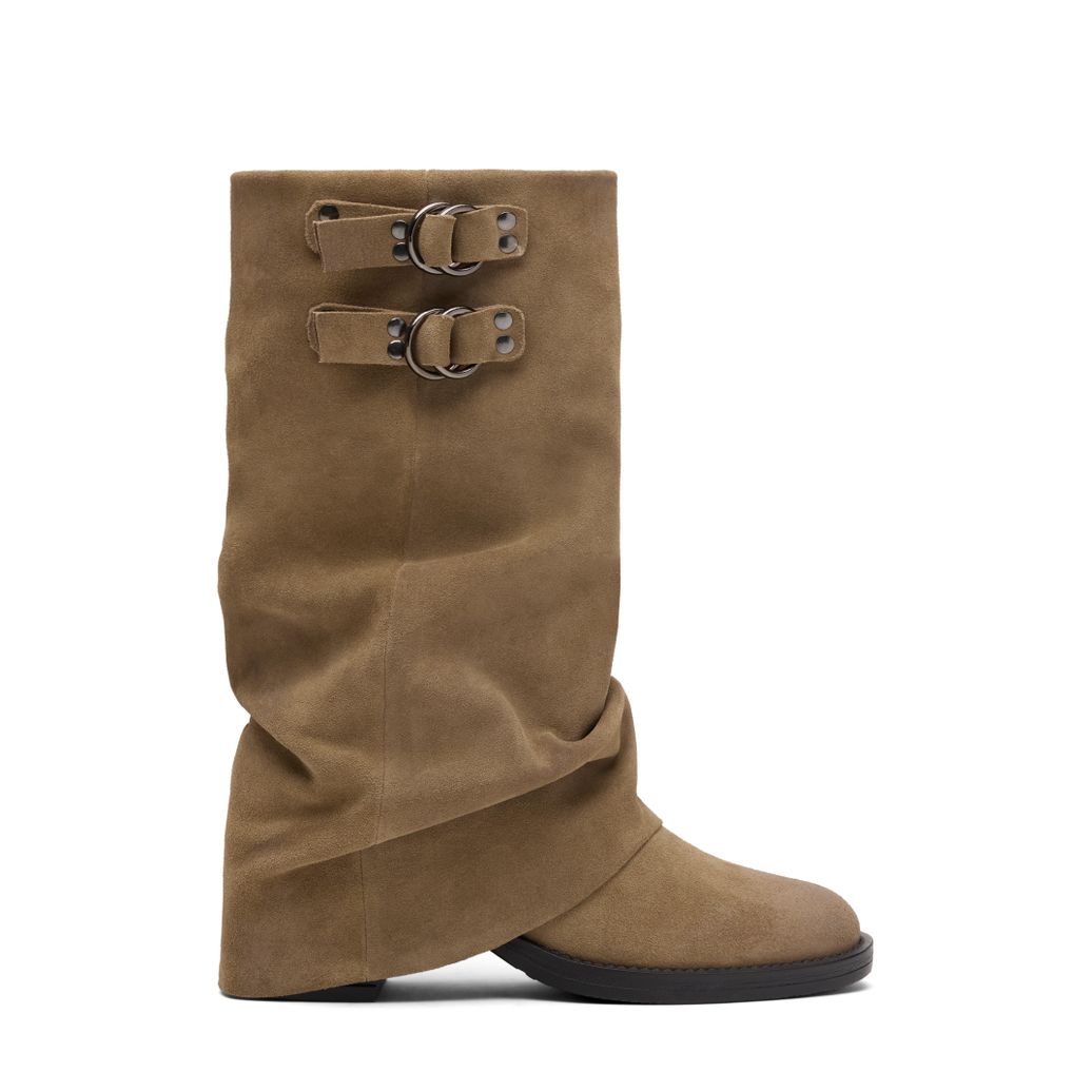 Beige suède biker boots met flap