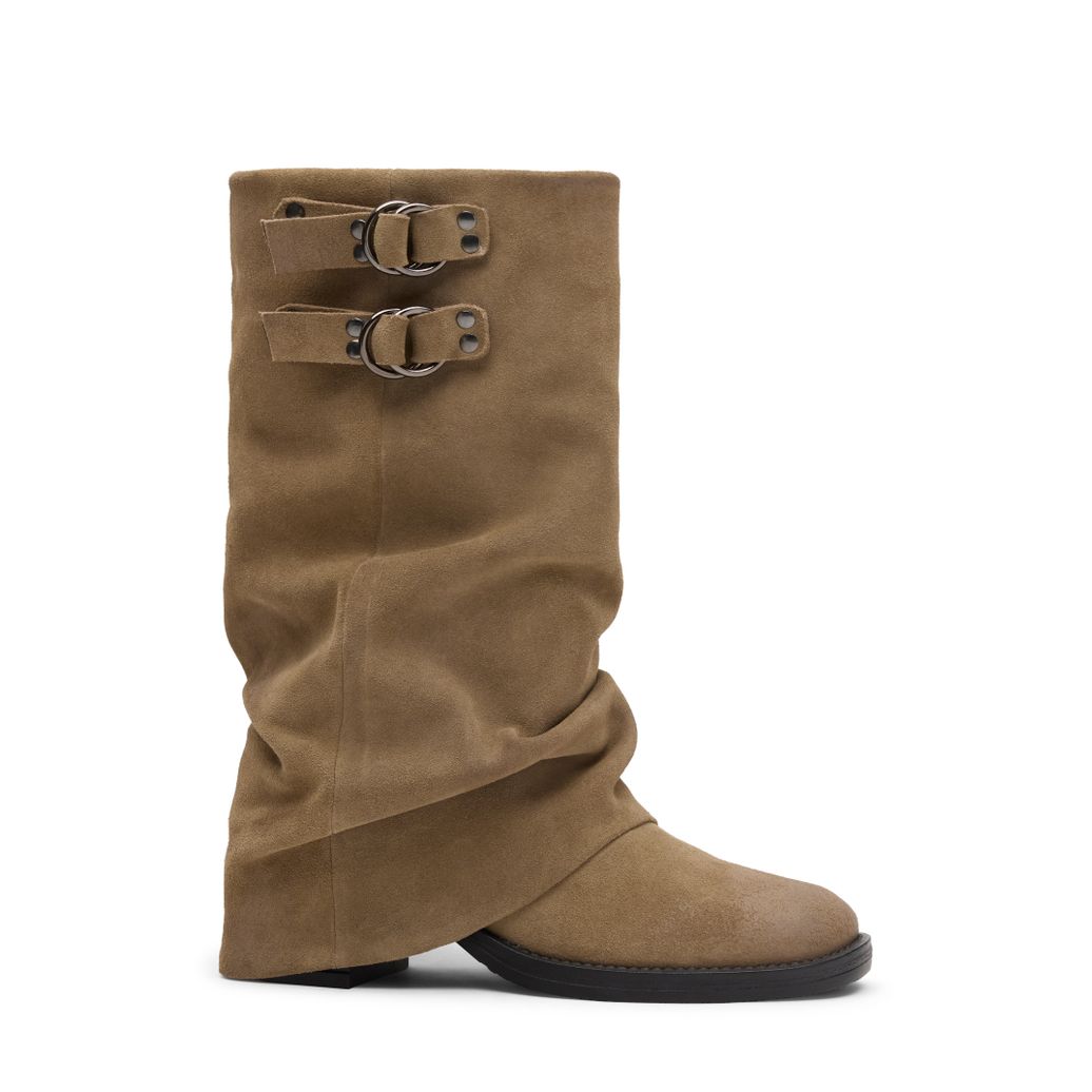 Bottines motardes en daim avec rabat - beige