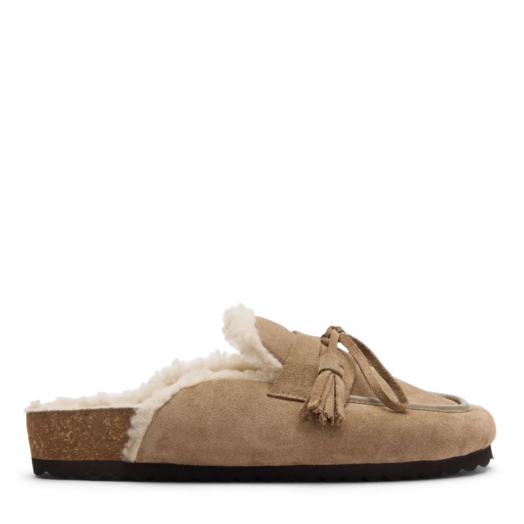 Beige suède clogs met wol