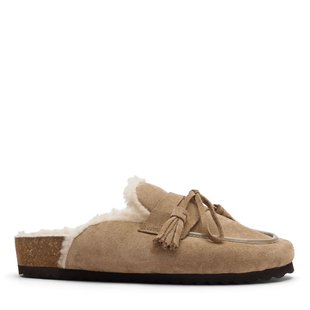 Beige suède clogs met wol