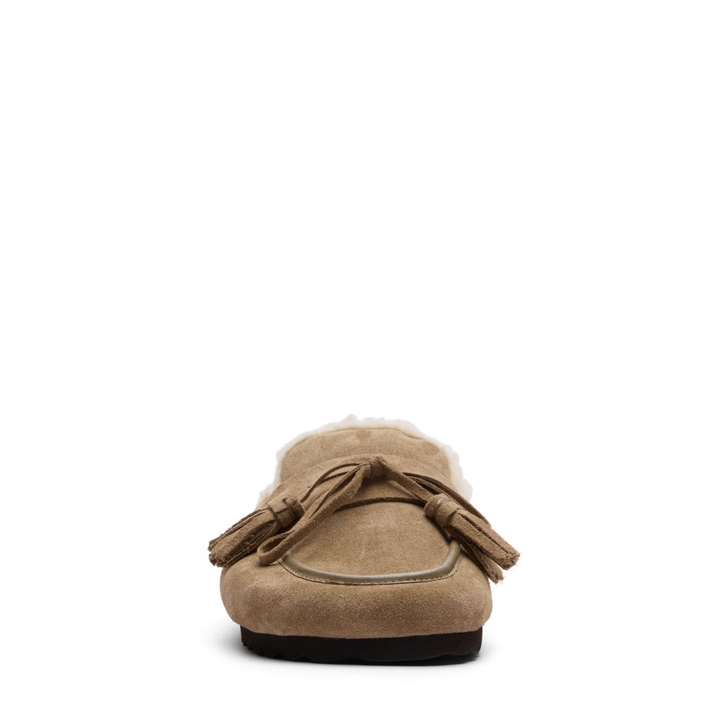 Beige suède clogs met wol