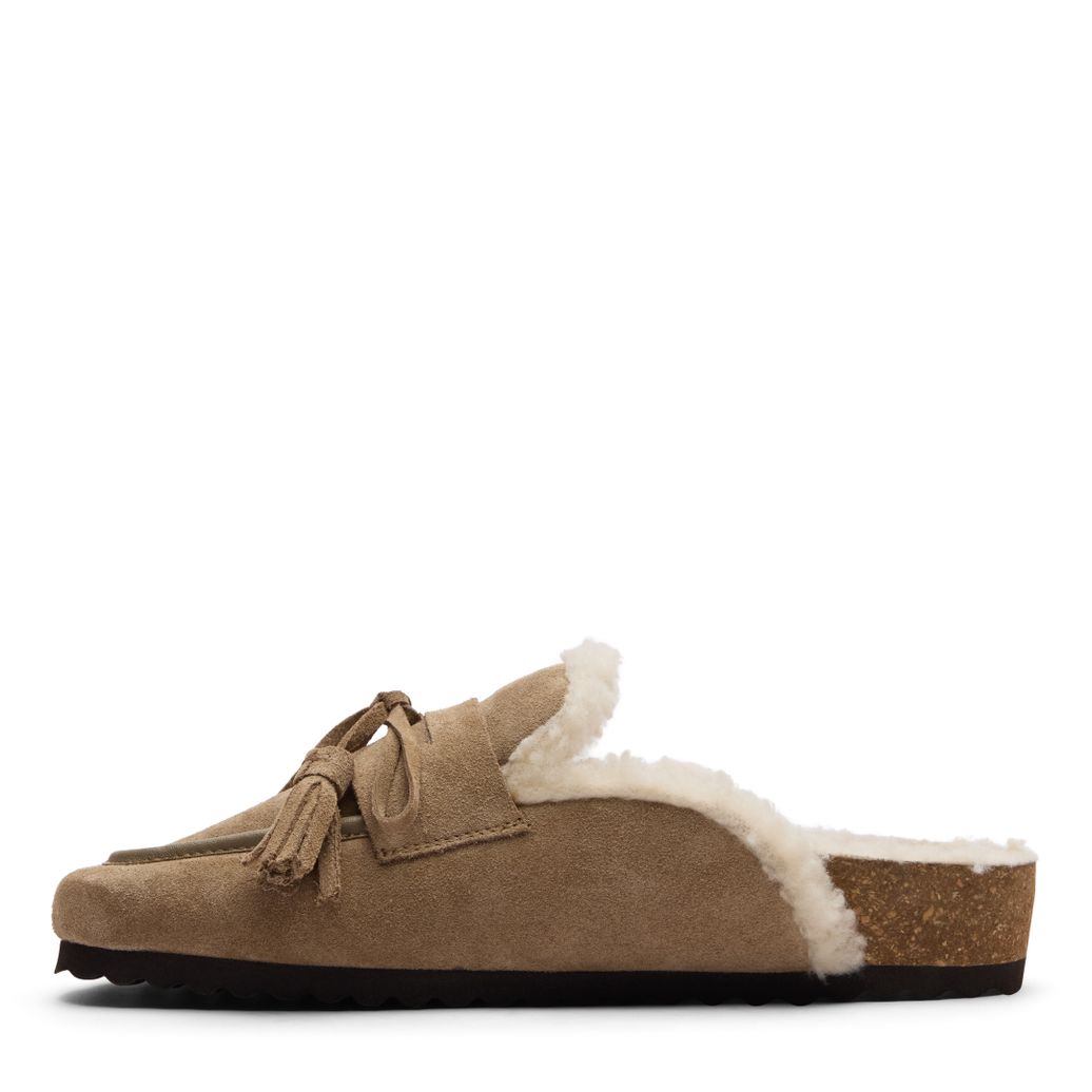 Beige suède clogs met wol