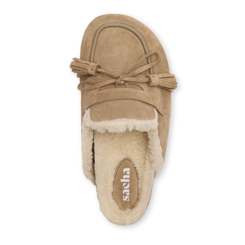 Beige suède clogs met wol