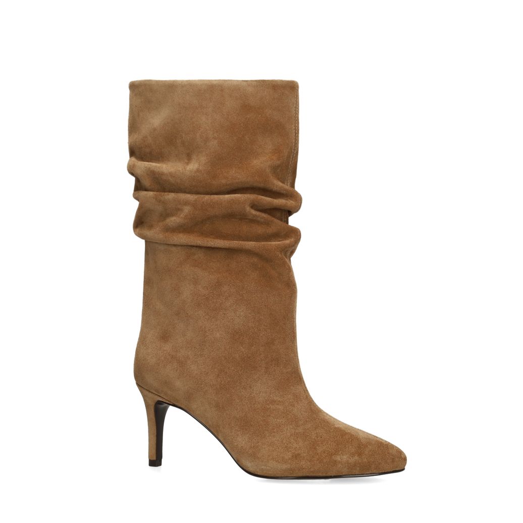 Beigefarbene Veloursleder-Stiefeletten mit Absatz