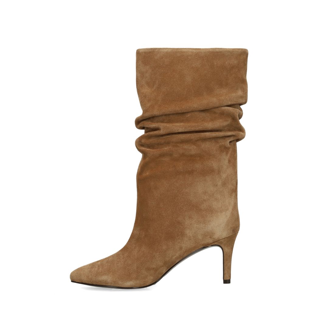 Beigefarbene Veloursleder-Stiefeletten mit Absatz