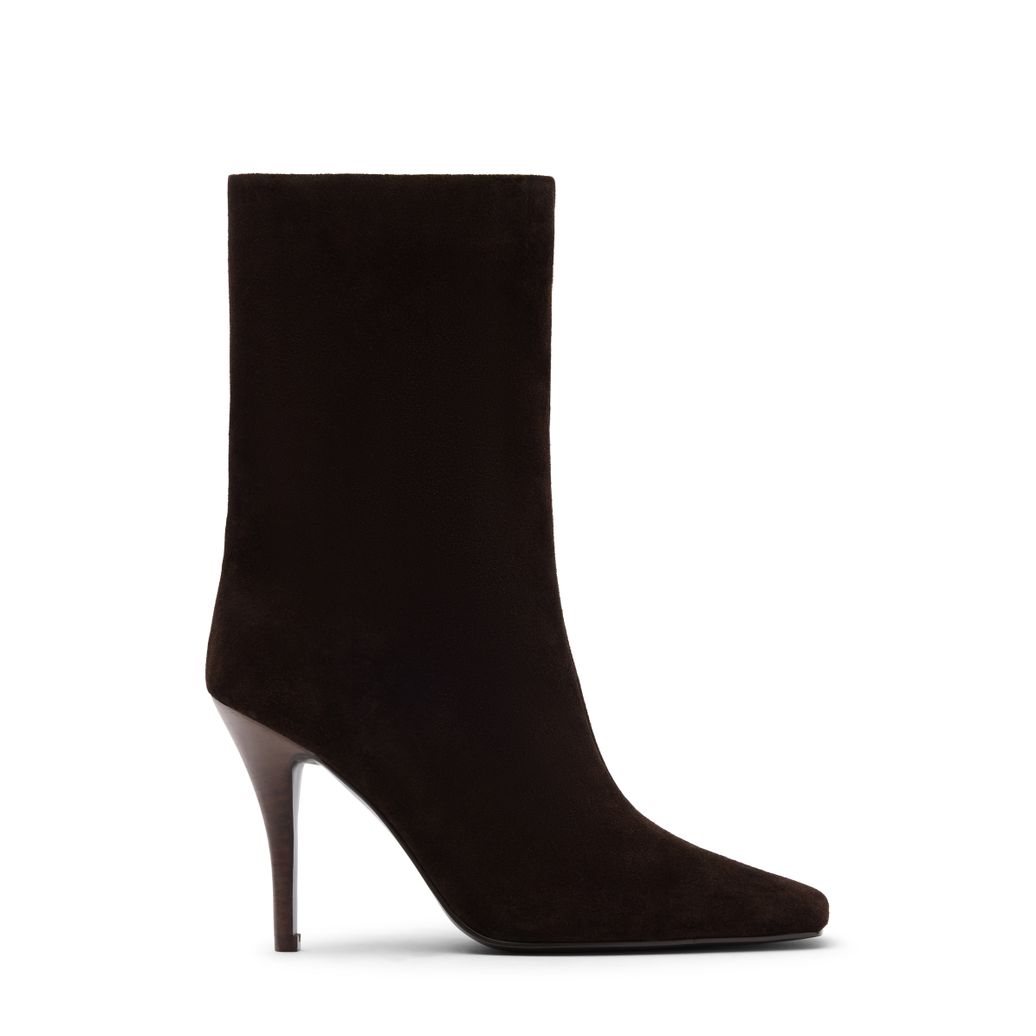 Dunkelbraune Veloursleder-Stiefeletten mit Pfennigabsatz