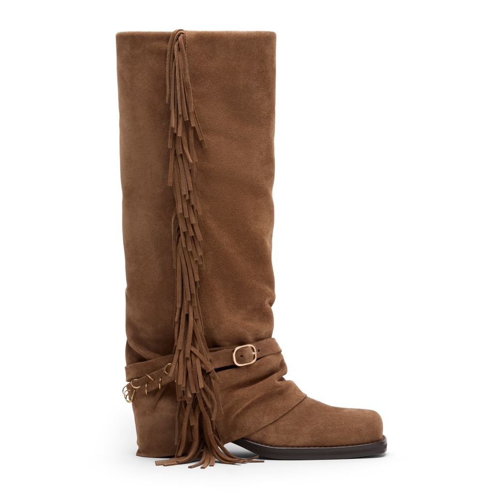 Beigefarbene Velourslederstiefel mit Fransen und Umschlag