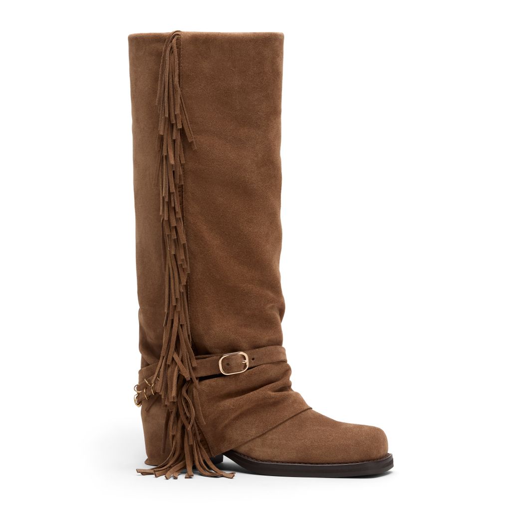 Beige suède laarzen met flap en franjes